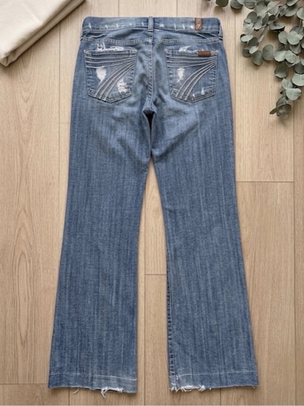 7 For All Mankind Women's Blue Distressed Wide Leg Jeans
